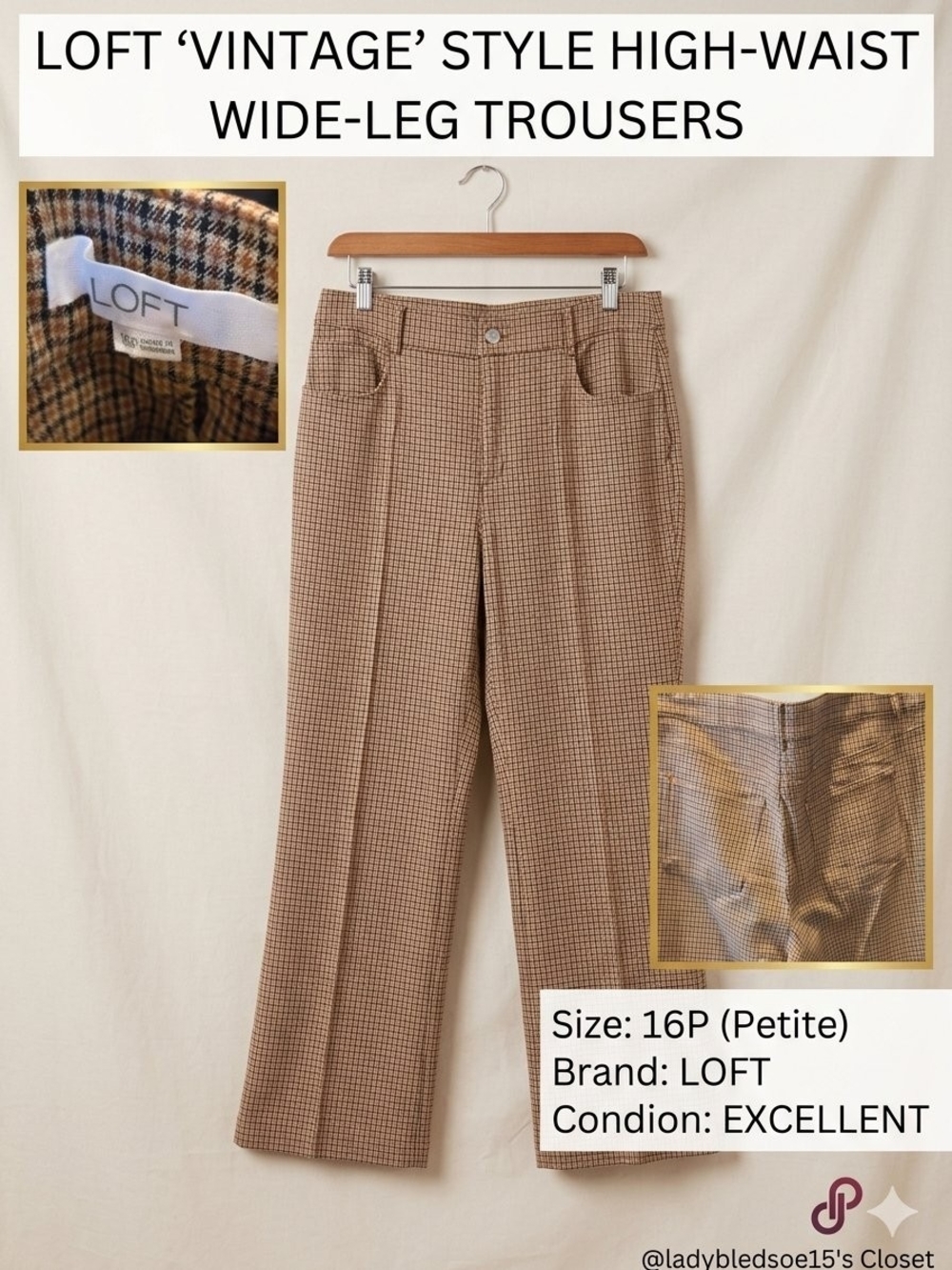 LOFT Wide-Leg High-Rise Trousers in Brown Houndstooth